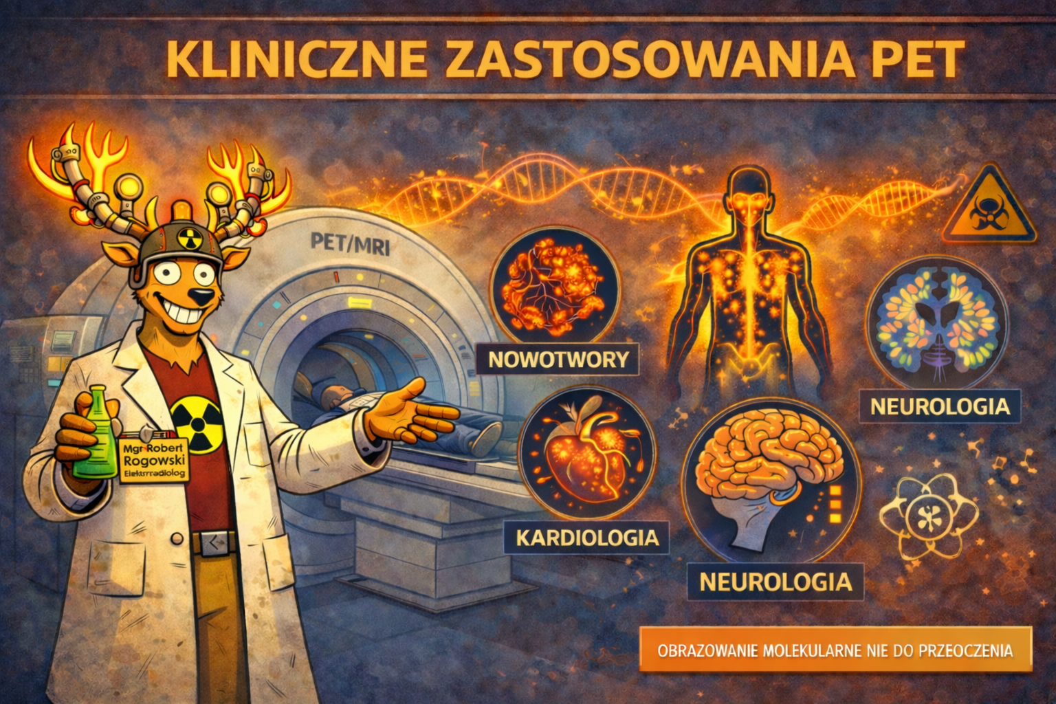 Ilustracja klinicznych zastosowań PET: onkologia, kardiologia, neurologia, theranostyka i PET/MRI
