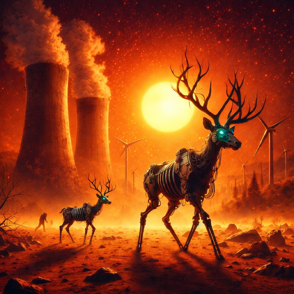 Mechaniczne jelenie w bursztynowej scenerii PET z aparaturą energetyczną i radiologicznym klimatem